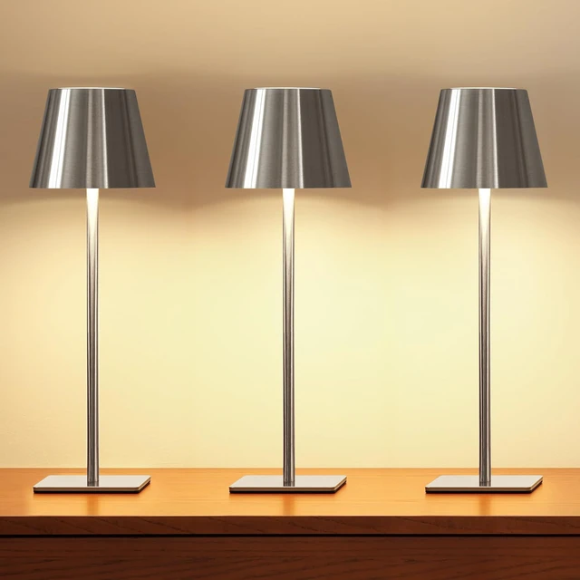 Main image of 3 Pack Cordless Table Lamp, Battery Operated Lamp - Portable Waterproof Rechargeable Table Lamp w/ 3 Color Temps & Stepless Dimming for Dinner, Desk, Cafe, Outdoor (Brushed Silver)
