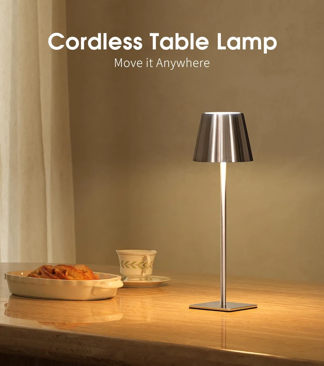 Alt view image 2 of 7 - 3 Pack Cordless Table Lamp, Battery Operated Lamp - Portable Waterproof Rechargeable Table Lamp w/ 3 Color Temps & Stepless Dimming for Dinner, Desk, Cafe, Outdoor (Brushed Silver)