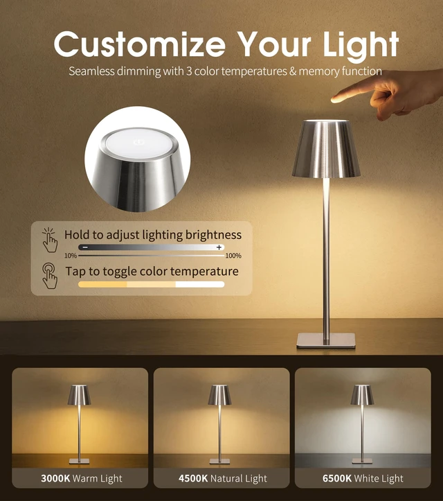 Alt view image 3 of 7 - 3 Pack Cordless Table Lamp, Battery Operated Lamp - Portable Waterproof Rechargeable Table Lamp w/ 3 Color Temps & Stepless Dimming for Dinner, Desk, Cafe, Outdoor (Brushed Silver)
