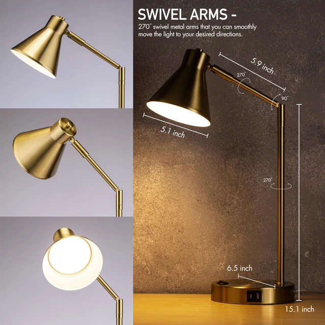 Alt view image 2 of 7 - Astrum - LED Desk Lamp with Dual USB Charging Ports, 100% Metal, 270 Degree Swivel Arms, Soft White Light (3000K), Bedside & Home Office Table Lamp, ETL Listed, Antique Brass Finish