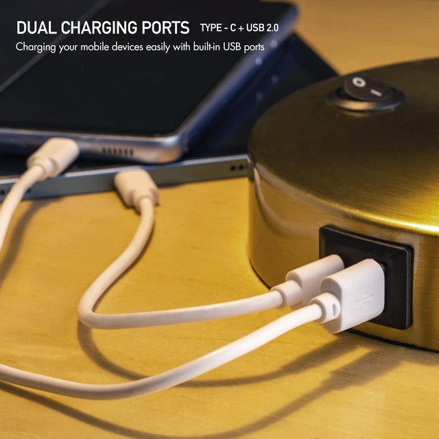 Alt view image 3 of 7 - Astrum - LED Desk Lamp with Dual USB Charging Ports, 100% Metal, 270 Degree Swivel Arms, Soft White Light (3000K), Bedside & Home Office Table Lamp, ETL Listed, Antique Brass Finish
