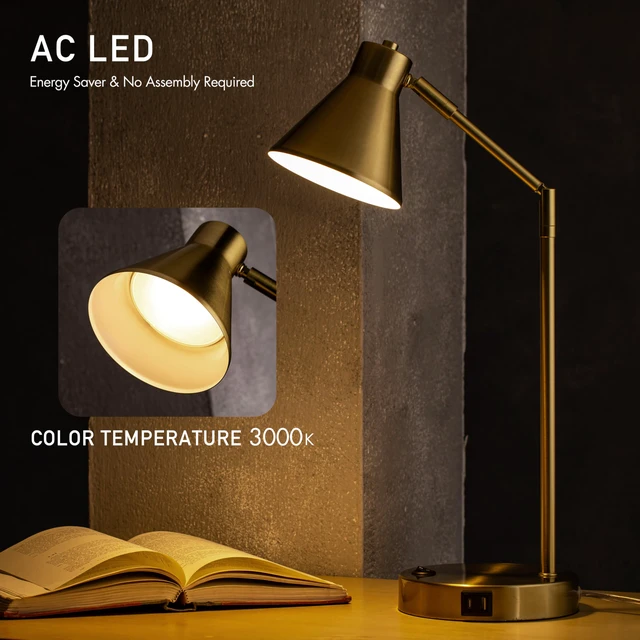 Alt view image 4 of 7 - Astrum - LED Desk Lamp with Dual USB Charging Ports, 100% Metal, 270 Degree Swivel Arms, Soft White Light (3000K), Bedside & Home Office Table Lamp, ETL Listed, Antique Brass Finish