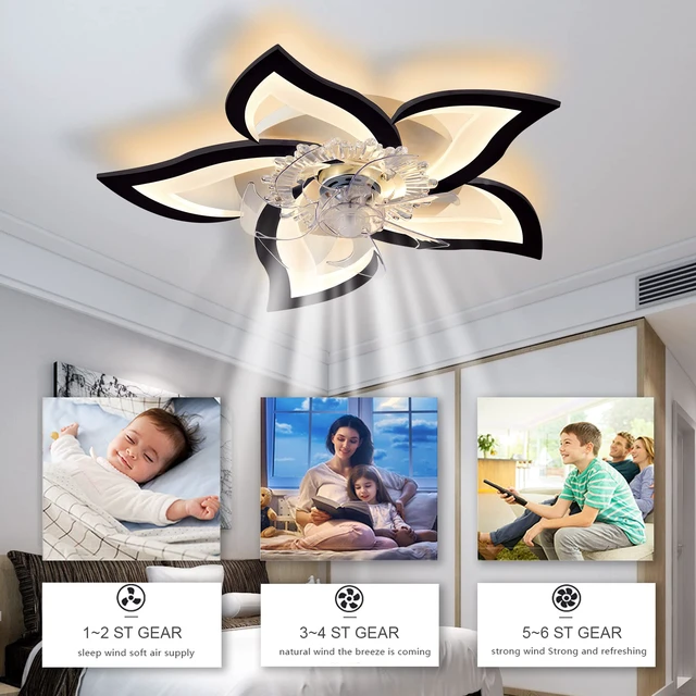 Alt view image 3 of 7 - Low Profile Ceiling Fan with Lights,110v Modern Dimmable Flower Shape, Remote Control/app Control,Timing 6 Gear Speeds Fan Ceiling Lamp,Black