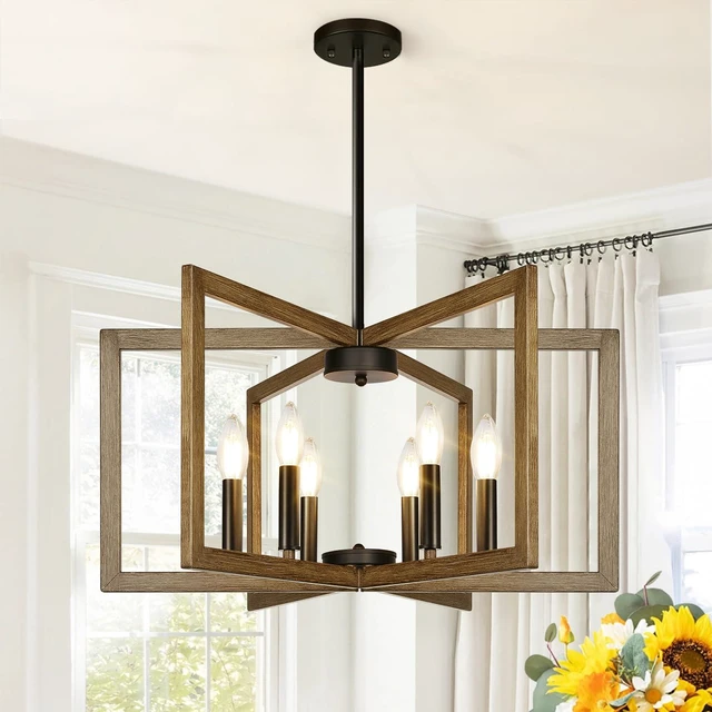 Main image of 25"-61" Height Adjustable Retro Wood Texture Chandelier for Dining Room, No Assembly Required Dining Room Light Fixture Over Table, Industrial Metal Pendant Lights Fixture for Kitchen Island