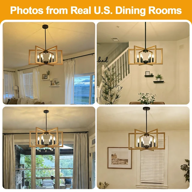 Alt view image 5 of 7 - 25"-61" Height Adjustable Retro Wood Texture Chandelier for Dining Room, No Assembly Required Dining Room Light Fixture Over Table, Industrial Metal Pendant Lights Fixture for Kitchen Island