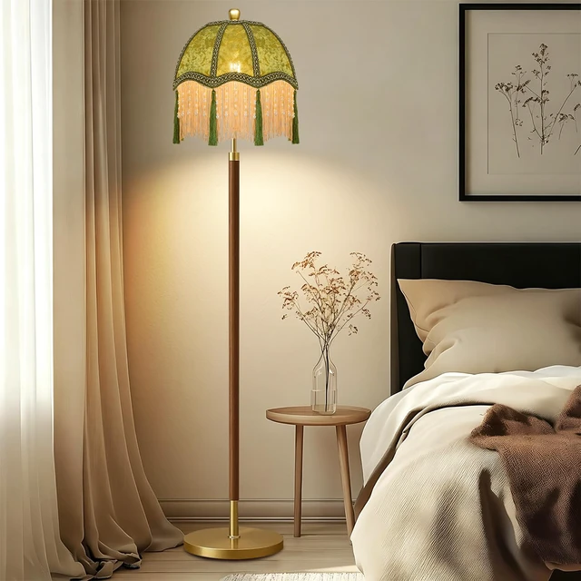 Alt view image 6 of 7 - Wood Floor Lamps for Living Room Vintage Floor Lamp with Remote Control & 3 Color Temperature,Dimmable Floor Lamp Mid Century Modern Standing Lamp Green Fringe Tall Floor Lamp for Bedroom Corner