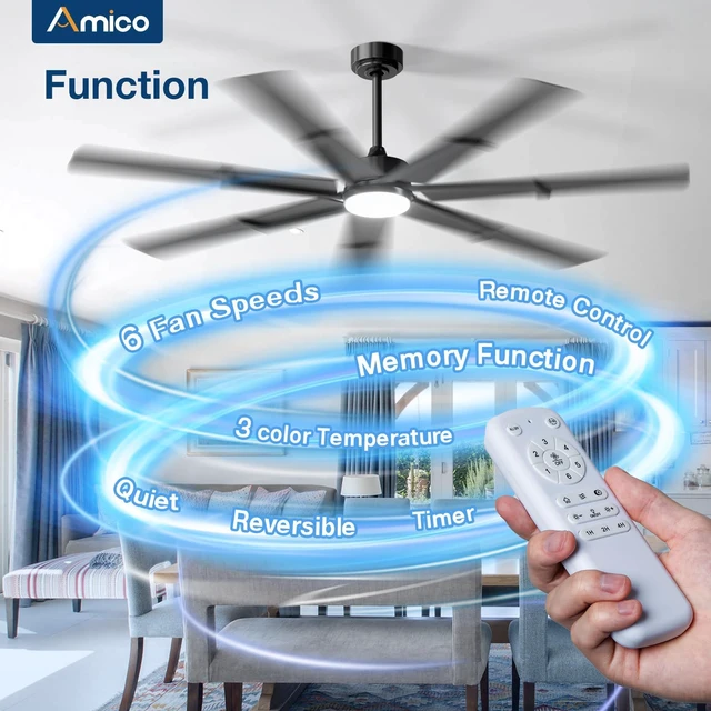 Alt view image 2 of 7 - 66 Inch Ceiling Fans with Lights and Remote, Black 6 Speed Reversible DC Motor, 3CCT, Dimmable, Quiet, Timer, Large Modern Ceiling Fan for Living room, Indoor/Outdoor