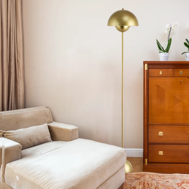 Alt view image 3 of 6 - Mid-Century Modern Metal Bud Floor Lamp for Home and Office, Pearl Gold Indirect lighting, fits narrow spaces,fit for bedroom, living room & office, match with modern, industrial, farmhouse decor