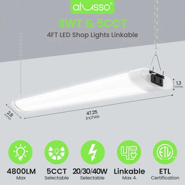 Alt view image 2 of 7 - ® LED Shop Lights 4FT for Garage, 4800LM Adjustable 20W/30W/40W, 5CCT 2700K 3000K 4000K 5000K 6500K, 120V, Warm to Cool Daylight Linkable Shop Lights for Workshop, ETL, 4 Pack