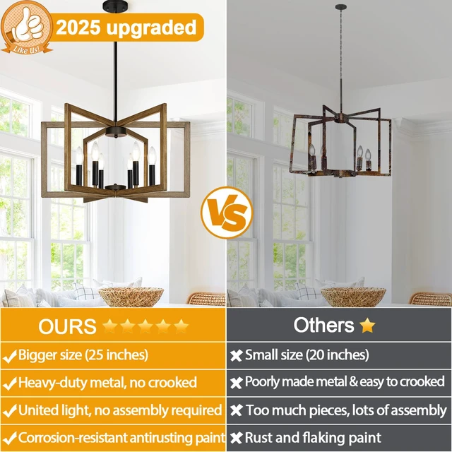 Alt view image 6 of 7 - 25"-61" Height Adjustable Retro Wood Texture Chandelier for Dining Room, No Assembly Required Dining Room Light Fixture Over Table, Industrial Metal Pendant Lights Fixture for Kitchen Island