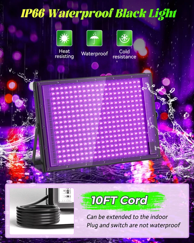 Alt view image 3 of 7 - 300W Black Light Waterproof for Outdoor Glow Party Halloween, 2 Pack 10FT Long Cord with Switch&Plug, Blacklight Floodlight, for Outdoor Neon parties, Fluorescent, Birthday