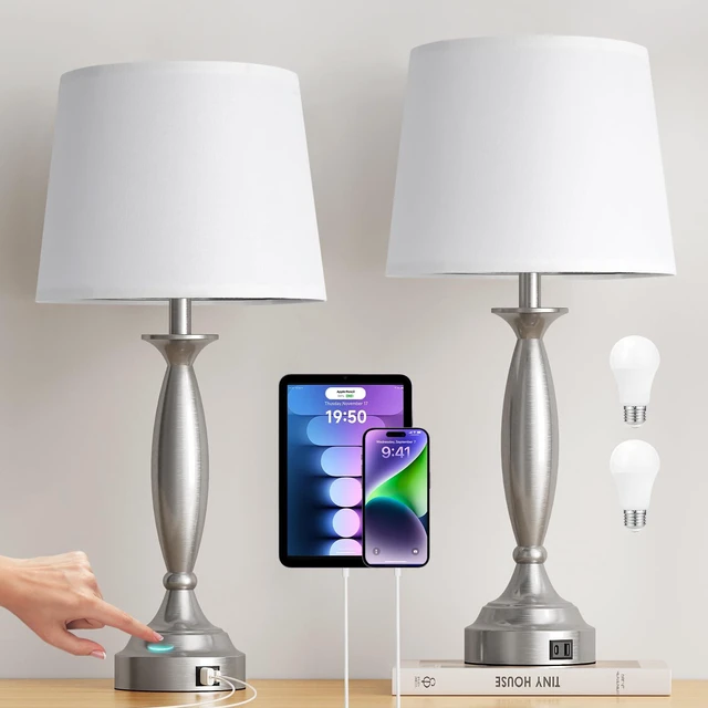Main image of Bedroom Lamps for Nightstand, 3 Way Dimmable Silver Bedside Lamps with USB 25.5" Touch, USB C+A Ports, Bulb Included, White Shade, Silver, Chrome, Bed Side lamps for Night Stands, Living Room