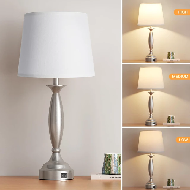 Alt view image 3 of 7 - Bedroom Lamps for Nightstand, 3 Way Dimmable Silver Bedside Lamps with USB 25.5" Touch, USB C+A Ports, Bulb Included, White Shade, Silver, Chrome, Bed Side lamps for Night Stands, Living Room