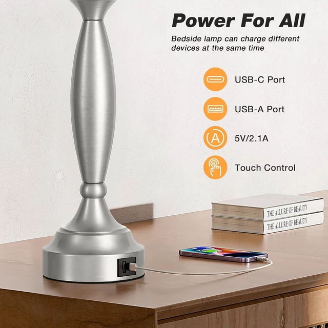 Alt view image 5 of 7 - Bedroom Lamps for Nightstand, 3 Way Dimmable Silver Bedside Lamps with USB 25.5" Touch, USB C+A Ports, Bulb Included, White Shade, Silver, Chrome, Bed Side lamps for Night Stands, Living Room