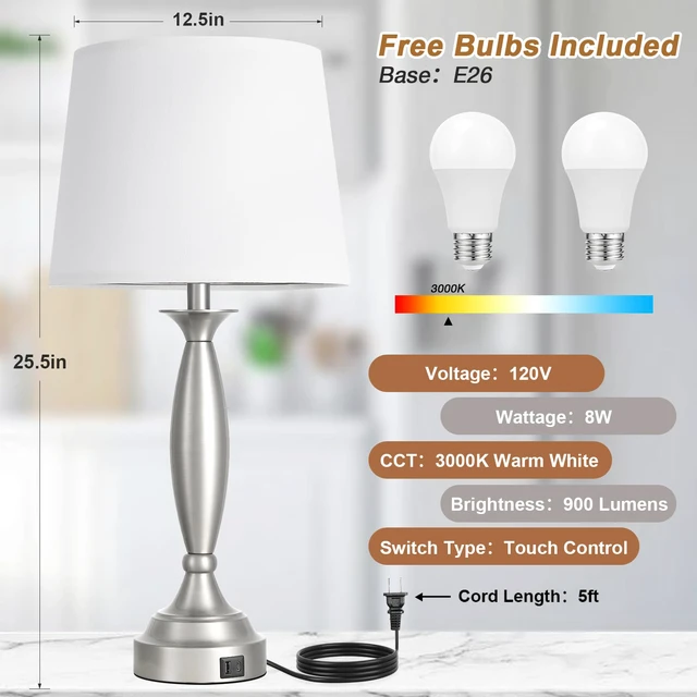 Alt view image 7 of 7 - Bedroom Lamps for Nightstand, 3 Way Dimmable Silver Bedside Lamps with USB 25.5" Touch, USB C+A Ports, Bulb Included, White Shade, Silver, Chrome, Bed Side lamps for Night Stands, Living Room