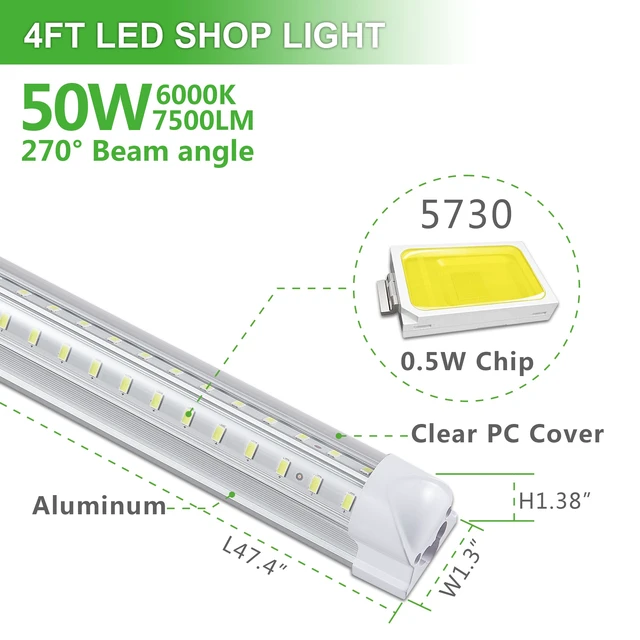 Alt view image 2 of 6 - 4Pack 4FT LED Shop Light Garage Lights,50W 6000K 7500LM White Light,Hanging/Surface Mount,Plug and Play,Linkable T8 LED Shop Lights,Commercial Bay Lighting for Warehouse Workshop Basement