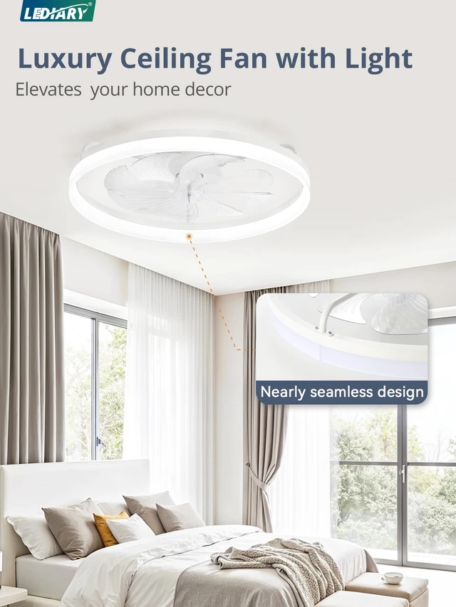 Alt view image 2 of 7 - 23" Low Profile Ceiling Fans with Lights, APP & Remote, White Flush Mount, Dimmable LED, Quiet DC Motor, Reversible, 6 Speeds, Fandelier, for Bedroom