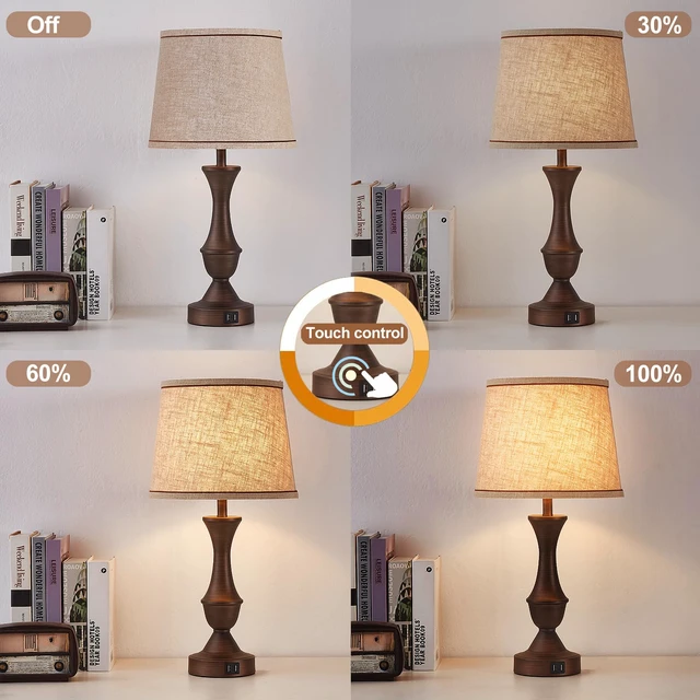 Alt view image 2 of 7 - Touch Table Lamps Set of 2, 22" Tall Bedside Lamps with USB C+A Ports, Dimmable Table Lamp, Nightstand Lamps for Bedroom, Living Room, Office, Brown Lamps with Beige Lampshade, Bulbs Included