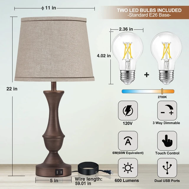 Alt view image 3 of 7 - Touch Table Lamps Set of 2, 22" Tall Bedside Lamps with USB C+A Ports, Dimmable Table Lamp, Nightstand Lamps for Bedroom, Living Room, Office, Brown Lamps with Beige Lampshade, Bulbs Included