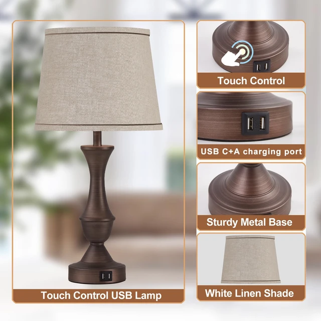 Alt view image 4 of 7 - Touch Table Lamps Set of 2, 22" Tall Bedside Lamps with USB C+A Ports, Dimmable Table Lamp, Nightstand Lamps for Bedroom, Living Room, Office, Brown Lamps with Beige Lampshade, Bulbs Included