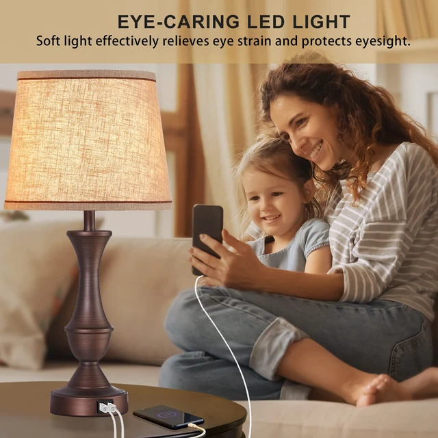 Alt view image 5 of 7 - Touch Table Lamps Set of 2, 22" Tall Bedside Lamps with USB C+A Ports, Dimmable Table Lamp, Nightstand Lamps for Bedroom, Living Room, Office, Brown Lamps with Beige Lampshade, Bulbs Included