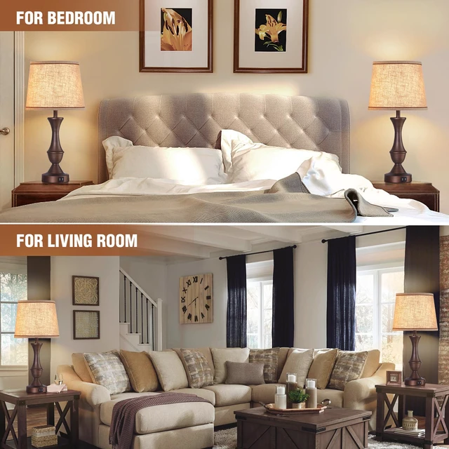 Alt view image 6 of 7 - Touch Table Lamps Set of 2, 22" Tall Bedside Lamps with USB C+A Ports, Dimmable Table Lamp, Nightstand Lamps for Bedroom, Living Room, Office, Brown Lamps with Beige Lampshade, Bulbs Included