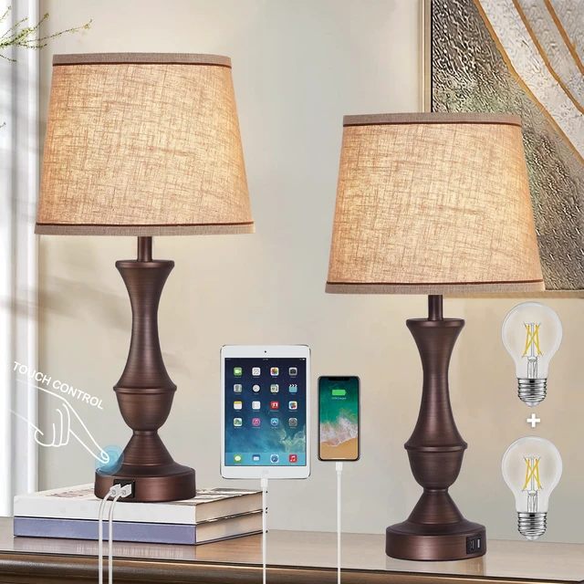 Alt view image 7 of 7 - Touch Table Lamps Set of 2, 22" Tall Bedside Lamps with USB C+A Ports, Dimmable Table Lamp, Nightstand Lamps for Bedroom, Living Room, Office, Brown Lamps with Beige Lampshade, Bulbs Included