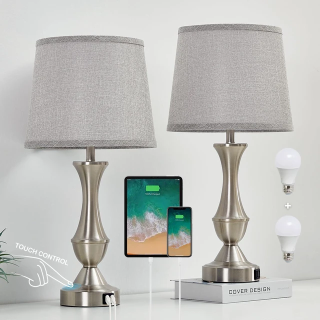 Main image of Touch Table Lamps Set of 2, 22" Tall Bedside Lamps, Nightstand Lamps USB C+A Charging Ports, Dimmable Lamp for Bedrooms, Living Room, Office, Silver Lamp with Grey Lampshade, Bulbs Included