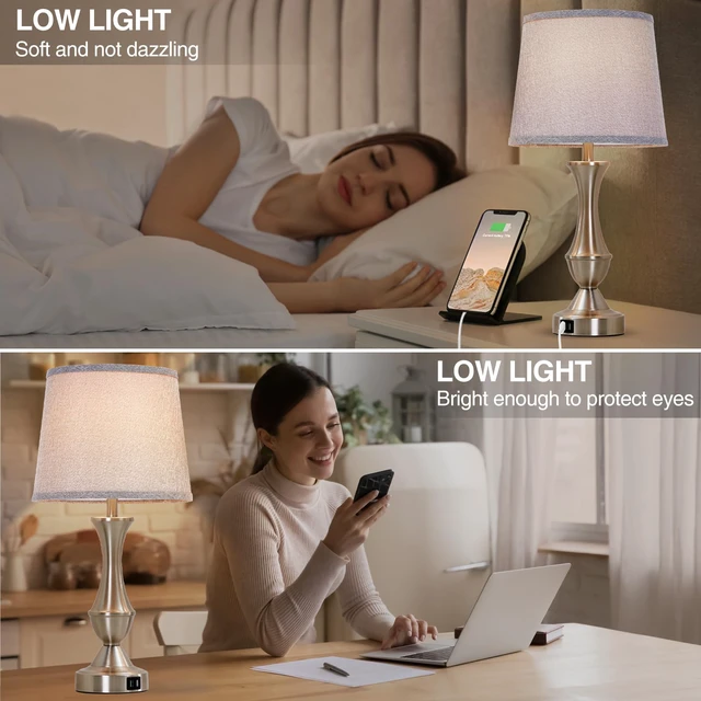 Alt view image 3 of 7 - Touch Table Lamps Set of 2, 22" Tall Bedside Lamps, Nightstand Lamps USB C+A Charging Ports, Dimmable Lamp for Bedrooms, Living Room, Office, Silver Lamp with Grey Lampshade, Bulbs Included
