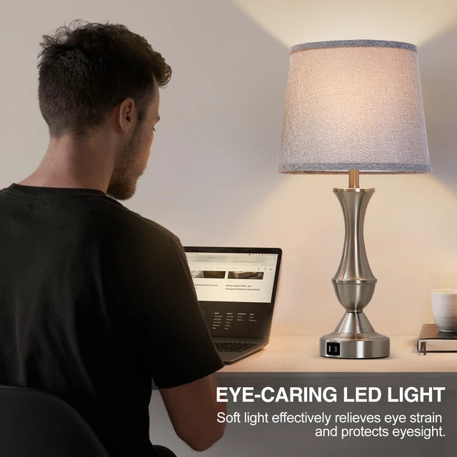 Alt view image 4 of 7 - Touch Table Lamps Set of 2, 22" Tall Bedside Lamps, Nightstand Lamps USB C+A Charging Ports, Dimmable Lamp for Bedrooms, Living Room, Office, Silver Lamp with Grey Lampshade, Bulbs Included