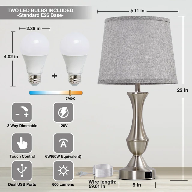 Alt view image 5 of 7 - Touch Table Lamps Set of 2, 22" Tall Bedside Lamps, Nightstand Lamps USB C+A Charging Ports, Dimmable Lamp for Bedrooms, Living Room, Office, Silver Lamp with Grey Lampshade, Bulbs Included