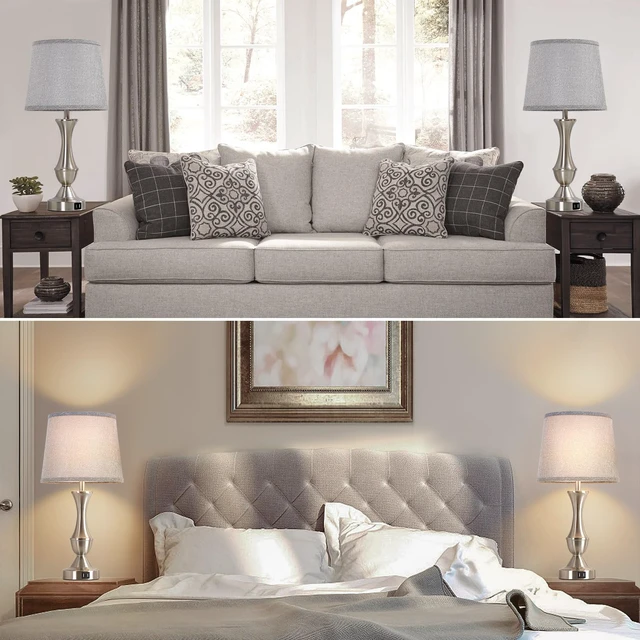Alt view image 6 of 7 - Touch Table Lamps Set of 2, 22" Tall Bedside Lamps, Nightstand Lamps USB C+A Charging Ports, Dimmable Lamp for Bedrooms, Living Room, Office, Silver Lamp with Grey Lampshade, Bulbs Included