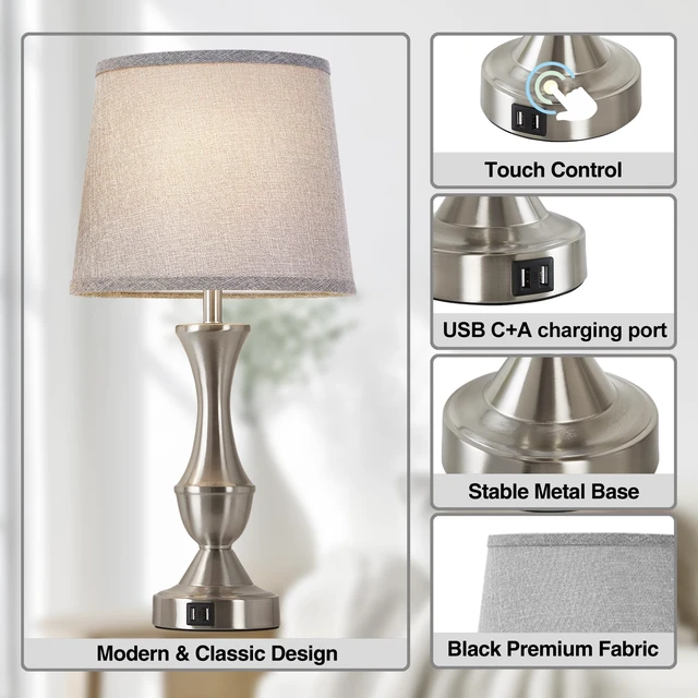 Alt view image 7 of 7 - Touch Table Lamps Set of 2, 22" Tall Bedside Lamps, Nightstand Lamps USB C+A Charging Ports, Dimmable Lamp for Bedrooms, Living Room, Office, Silver Lamp with Grey Lampshade, Bulbs Included