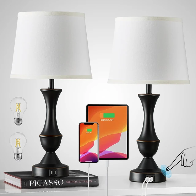 Alt view image 2 of 7 - Touch Table Lamps Set of 2, 22" Tall Bedside Lamps with USB C+A Ports Dimmable Nightstand lamps, Table lamp for Bedrooms, Living Room, Office, Black Lamp with White Lampshade, Bulbs Included