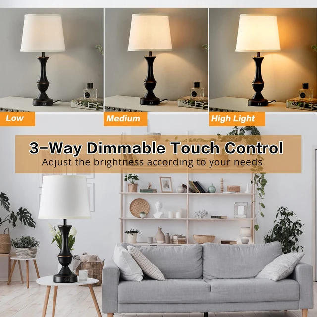 Alt view image 3 of 7 - Touch Table Lamps Set of 2, 22" Tall Bedside Lamps with USB C+A Ports Dimmable Nightstand lamps, Table lamp for Bedrooms, Living Room, Office, Black Lamp with White Lampshade, Bulbs Included