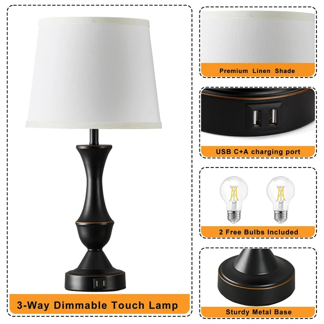 Alt view image 4 of 7 - Touch Table Lamps Set of 2, 22" Tall Bedside Lamps with USB C+A Ports Dimmable Nightstand lamps, Table lamp for Bedrooms, Living Room, Office, Black Lamp with White Lampshade, Bulbs Included