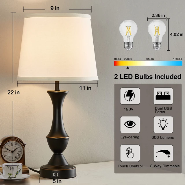 Alt view image 6 of 7 - Touch Table Lamps Set of 2, 22" Tall Bedside Lamps with USB C+A Ports Dimmable Nightstand lamps, Table lamp for Bedrooms, Living Room, Office, Black Lamp with White Lampshade, Bulbs Included