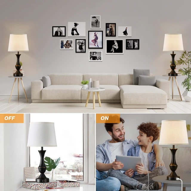 Alt view image 7 of 7 - Touch Table Lamps Set of 2, 22" Tall Bedside Lamps with USB C+A Ports Dimmable Nightstand lamps, Table lamp for Bedrooms, Living Room, Office, Black Lamp with White Lampshade, Bulbs Included