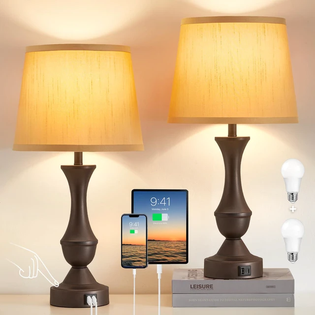 Main image of 22" Table Lamp Set of 2 - Farmhouse Vintage Brown Bedside Lamp Brown Fabric Shade, Dimmable, USB C+A Ports, Nightstand Lamp for Living Room Bedroom (Bulb Included)