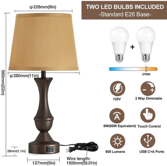 Alt view image 2 of 7 - 22" Table Lamp Set of 2 - Farmhouse Vintage Brown Bedside Lamp Brown Fabric Shade, Dimmable, USB C+A Ports, Nightstand Lamp for Living Room Bedroom (Bulb Included)