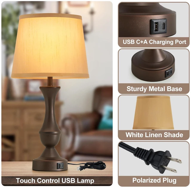 Alt view image 3 of 7 - 22" Table Lamp Set of 2 - Farmhouse Vintage Brown Bedside Lamp Brown Fabric Shade, Dimmable, USB C+A Ports, Nightstand Lamp for Living Room Bedroom (Bulb Included)