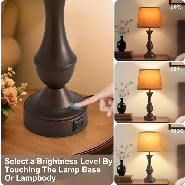 Alt view image 4 of 7 - 22" Table Lamp Set of 2 - Farmhouse Vintage Brown Bedside Lamp Brown Fabric Shade, Dimmable, USB C+A Ports, Nightstand Lamp for Living Room Bedroom (Bulb Included)
