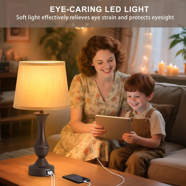 Alt view image 5 of 7 - 22" Table Lamp Set of 2 - Farmhouse Vintage Brown Bedside Lamp Brown Fabric Shade, Dimmable, USB C+A Ports, Nightstand Lamp for Living Room Bedroom (Bulb Included)