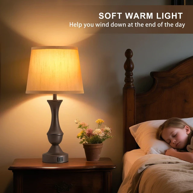 Alt view image 6 of 7 - 22" Table Lamp Set of 2 - Farmhouse Vintage Brown Bedside Lamp Brown Fabric Shade, Dimmable, USB C+A Ports, Nightstand Lamp for Living Room Bedroom (Bulb Included)
