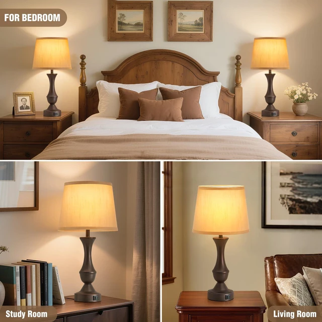 Alt view image 7 of 7 - 22" Table Lamp Set of 2 - Farmhouse Vintage Brown Bedside Lamp Brown Fabric Shade, Dimmable, USB C+A Ports, Nightstand Lamp for Living Room Bedroom (Bulb Included)