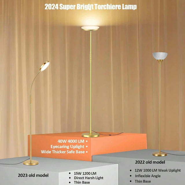 Alt view image 2 of 7 - Floor Lamp, Upgraded 40W 4000LM Super Bright Torchiere LED Floor Lamps for Living Room, Stepless Dimmable Color Temperature 2700K-6500K with Remote & Touch Control, Standing Light (40W Brushed Gold)