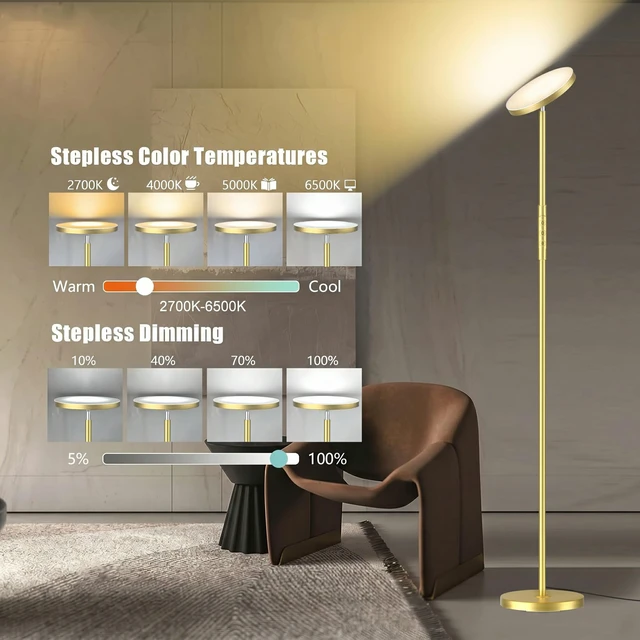 Alt view image 3 of 7 - Floor Lamp, Upgraded 40W 4000LM Super Bright Torchiere LED Floor Lamps for Living Room, Stepless Dimmable Color Temperature 2700K-6500K with Remote & Touch Control, Standing Light (40W Brushed Gold)