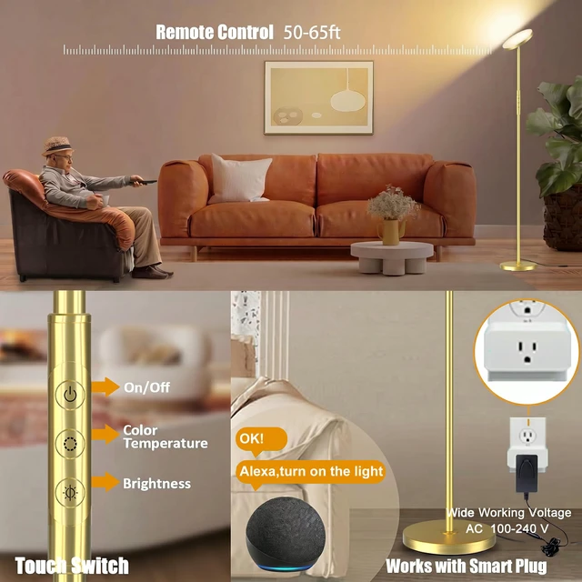 Alt view image 5 of 7 - Floor Lamp, Upgraded 40W 4000LM Super Bright Torchiere LED Floor Lamps for Living Room, Stepless Dimmable Color Temperature 2700K-6500K with Remote & Touch Control, Standing Light (40W Brushed Gold)
