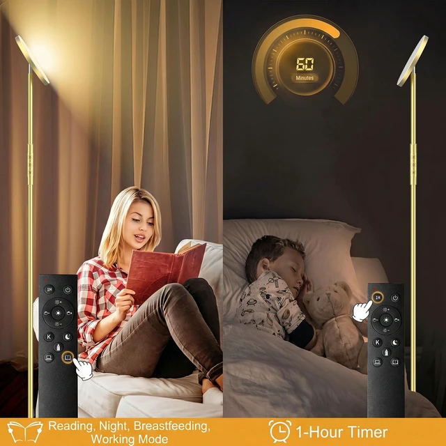 Alt view image 6 of 7 - Floor Lamp, Upgraded 40W 4000LM Super Bright Torchiere LED Floor Lamps for Living Room, Stepless Dimmable Color Temperature 2700K-6500K with Remote & Touch Control, Standing Light (40W Brushed Gold)