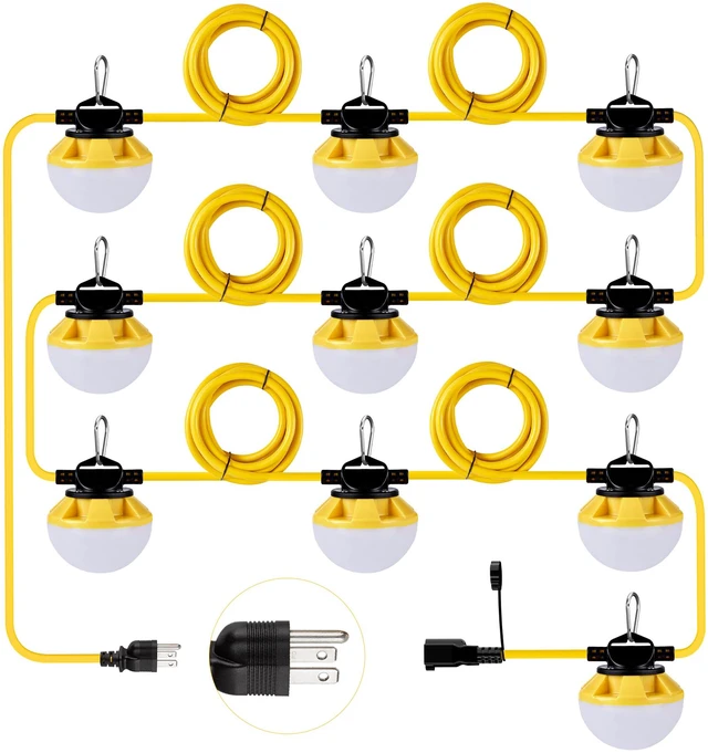 Main image of 3-Prong 100FT Construction String Lights, IP65 Waterproof ETL Certified String Work Lights, 5000K Daylight 18AWG Wire Linkable Temporary Construction Lighting for Jobsite with 10 Bulbs & Hooks